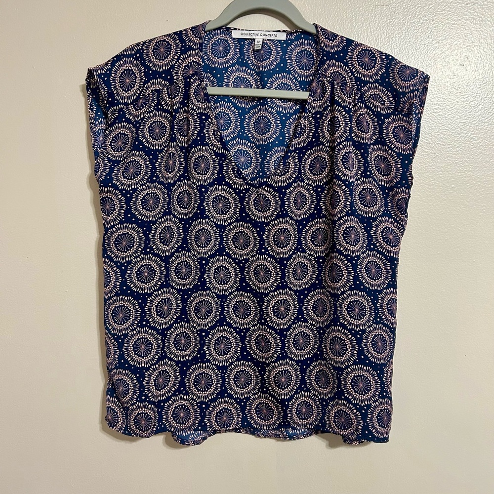Collective Concepts Blue and Light Pink Circular Print Blouse